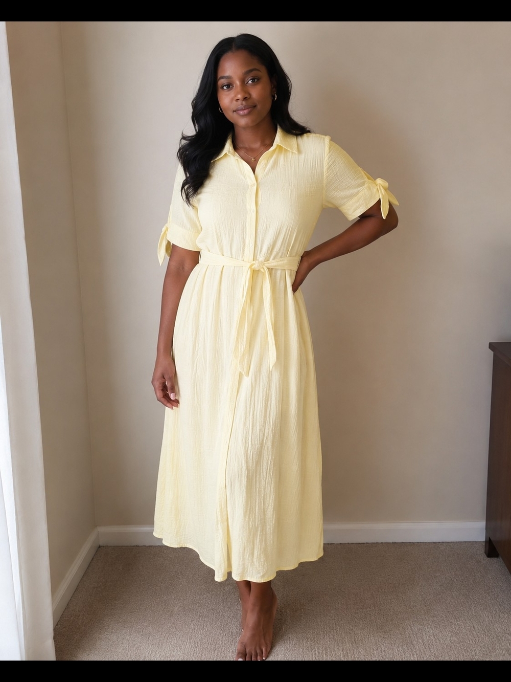 Ronni Nicole Pale Yellow Button-Front Midi Dress with Waist Tie